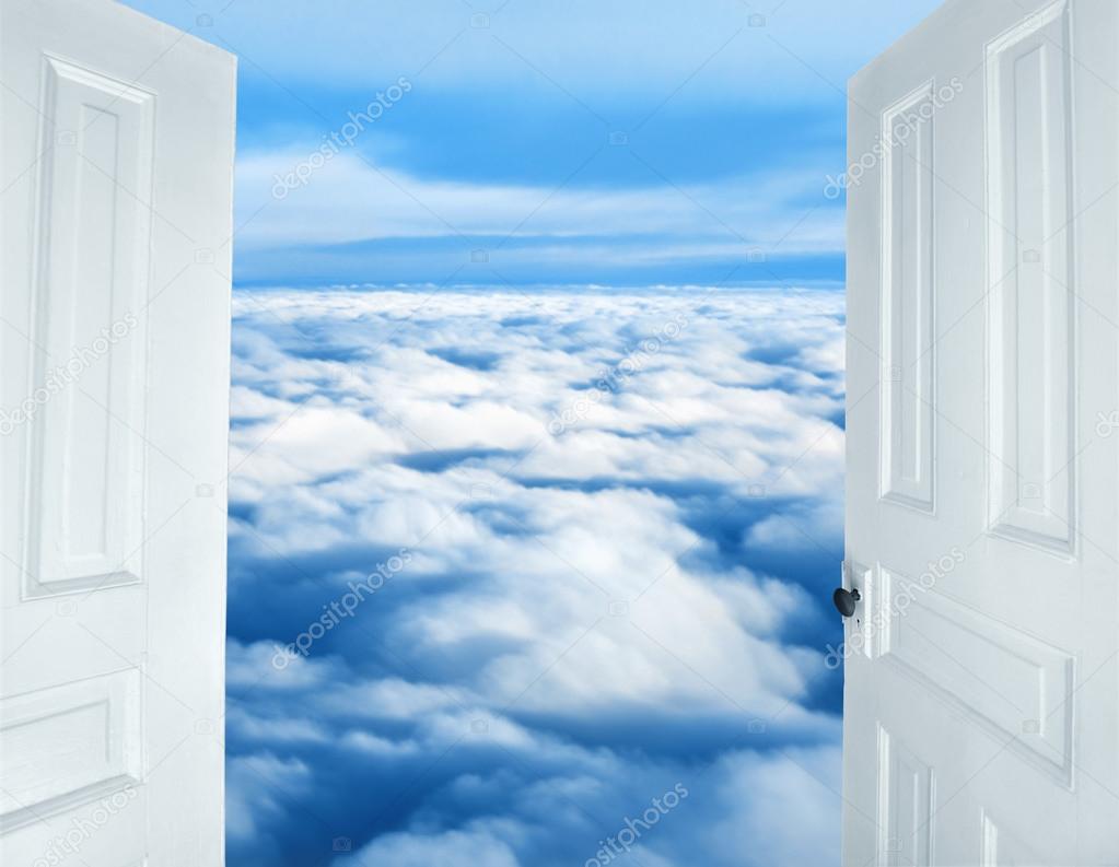 Doors opening to a heavenly sight of fluffy clouds