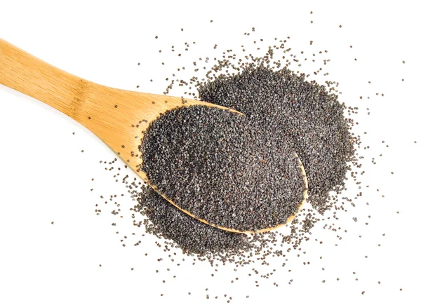 Spoonful of organic poppy seeds on a white background — Stock Photo, Image