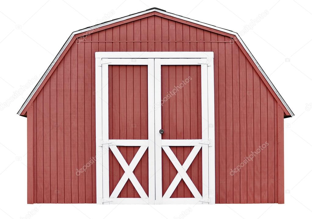 Barn style utility tool shed for garden and farm equipment, isolated on white background