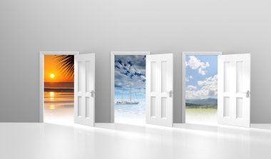 Choice of three doors opening to possible vacation or getaway destinations clipart