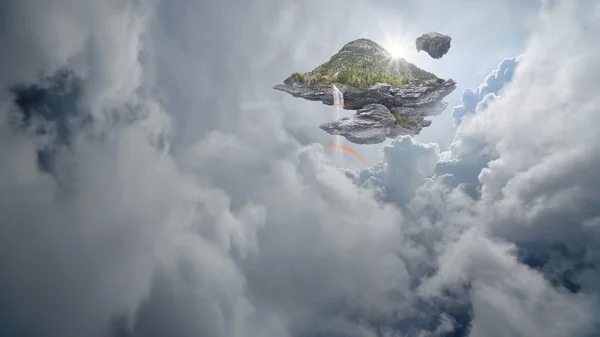 Isla con cascadas y arcoíris flotando sobre nubes en un cielo de ensueño —  Fotos de Stock