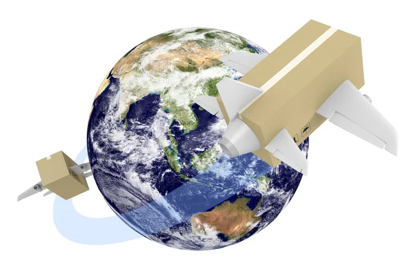 Глобальная концепция доставки коробок, летающих по всему миру — стоковое фото