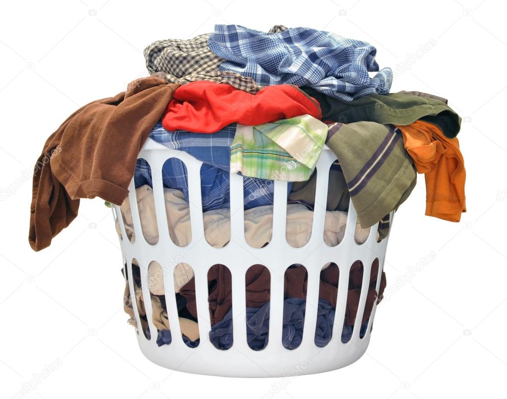 Pile of dirty laundry in a washing basket on a white background