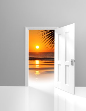 Kapı güzel Cennet plaj sahne ve golden sunset için açma
