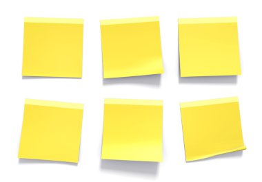 Bir ofiste anımsatıcıları ve önemli bilgileri için kullanılan sarı yapışkan notlar kümesi