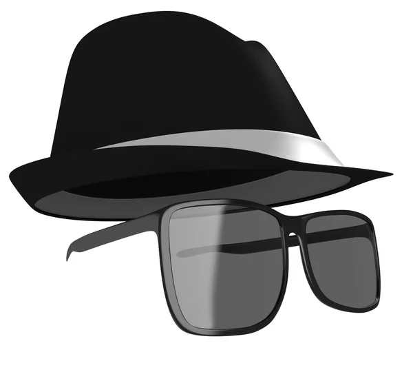 Dark glasses and black hat disguise for a detective or spy — Stock Photo, Image