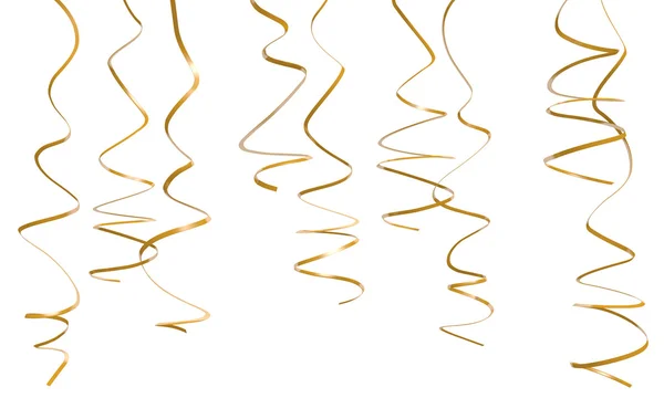 Decorative gold party streamers hanging over white background — Stock Photo, Image