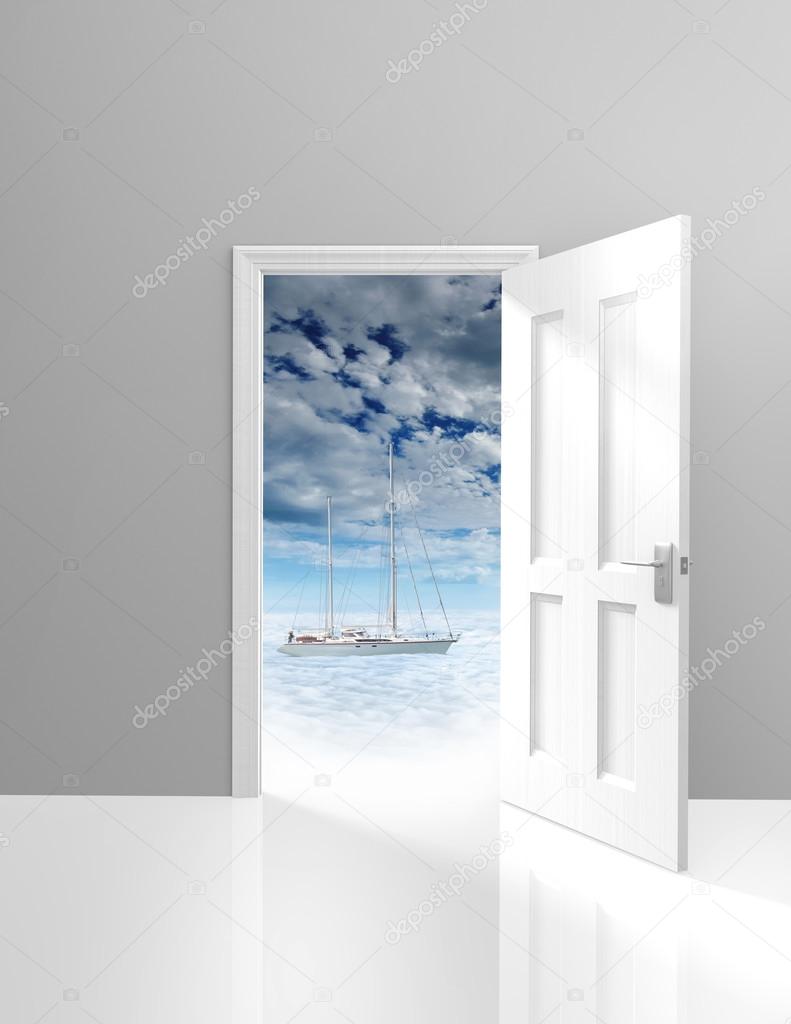 Door opening to vacation scenics and a relaxing yacht