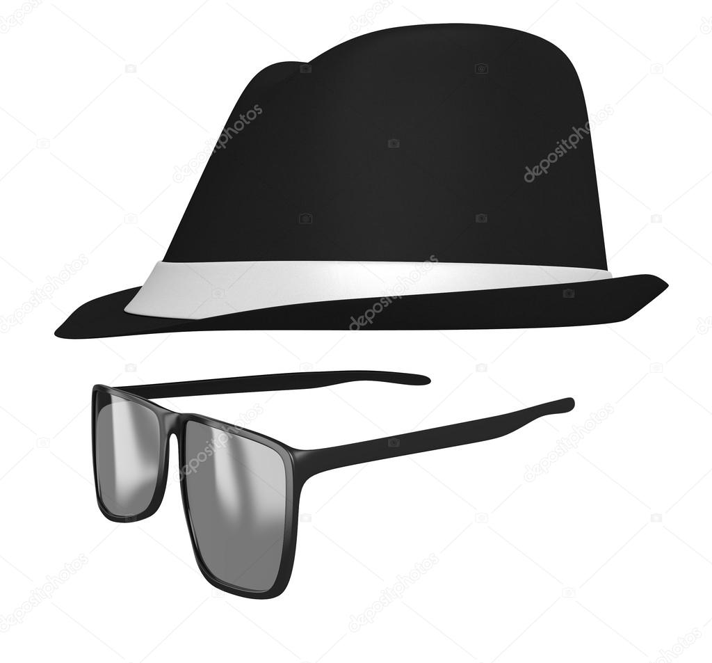 Identity concept of a retro fedora hat and dark glasses disguise