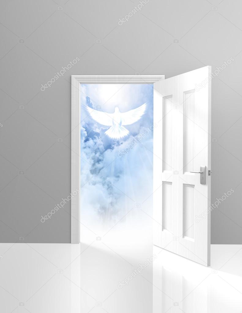 Spirituality and religion concept of an open door and a heavenly white dove