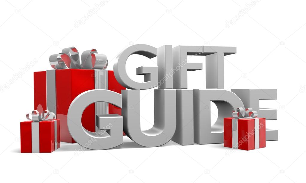 Gift guide text and three red Christmas gifts wrapped in silver ribbons