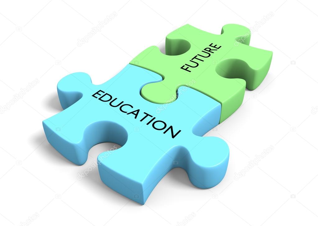 Educational planning concept of two puzzle pieces linked together with the words Education and Future