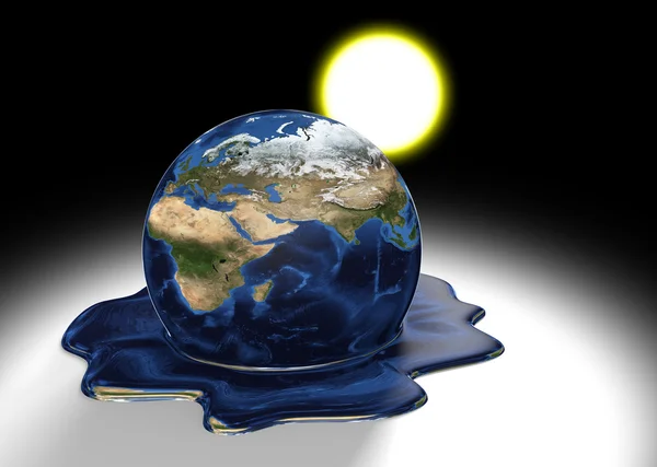 Concepto de calentamiento global de la Tierra fundiéndose en una piscina líquida bajo el calor del sol, partes de esta imagen proporcionadas por la NASA — Foto de Stock