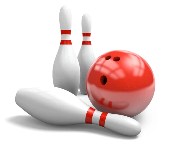 Rød bowlingkule og nåler over hvit bakgrunn – stockfoto