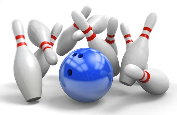 Blauwe bal met het raken van een perfecte staking op tien-pins bowling — Stockfoto