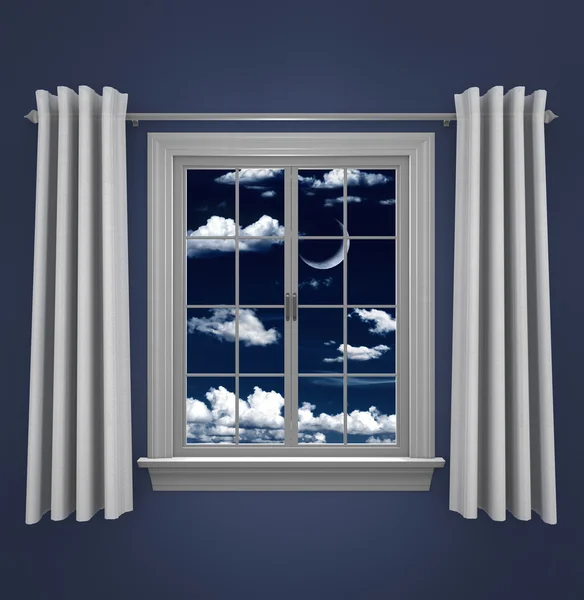Egy ablakon átszűrődő éjszakai égbolton félhold — Stock Fotó