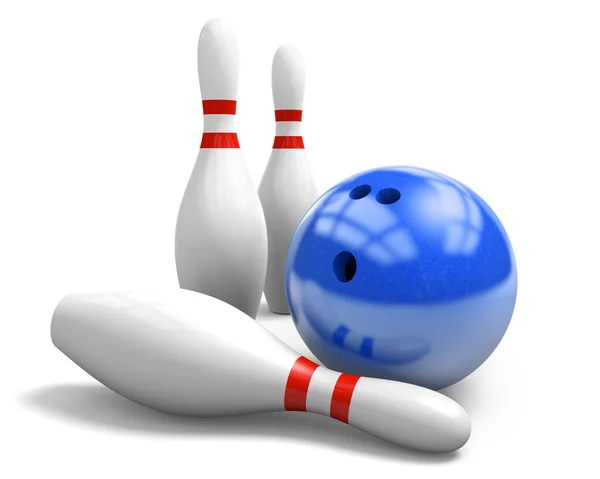 Skinnende blå bowlingkule og tre pinner på hvit bakgrunn – stockfoto
