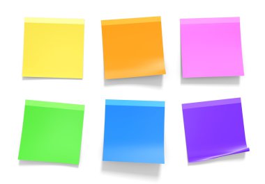 Çeşitli renkleri sarı, turuncu, pembe, yeşil, mavi ve Mor yapışkan notlar ofis seti