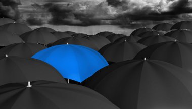 Leadership and innovation concept of a blue umbrella in a crowd of black ones clipart