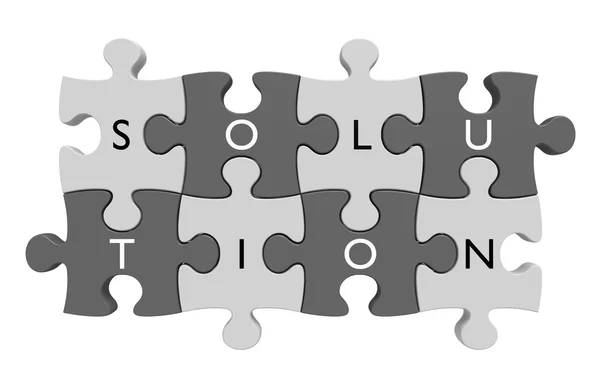 Parts of a puzzle connected together with letters spelling out the word solution — Stock Photo, Image