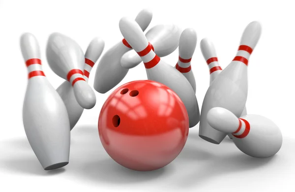 Pallina da bowling rossa che butta giù i birilli in un colpo perfetto — Foto Stock