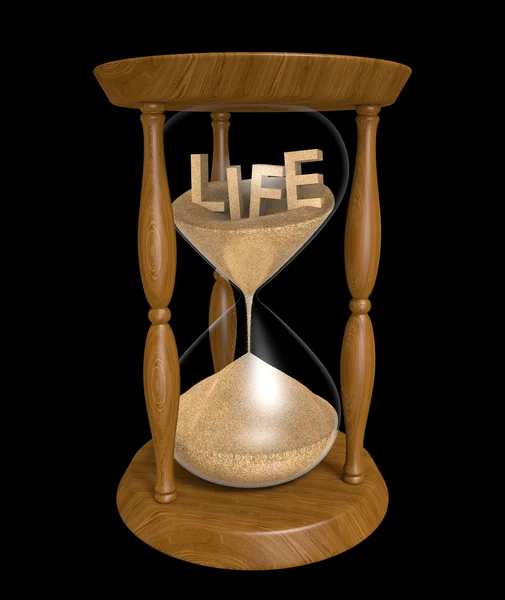 Envelhecimento e longevidade conceito de areia em uma ampulheta com a palavra LIFE dentro — Fotografia de Stock