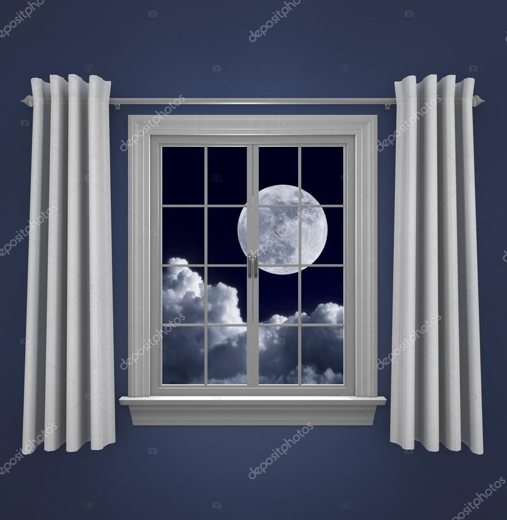 Full moon in night sky shining beautifully through a bedroom window
