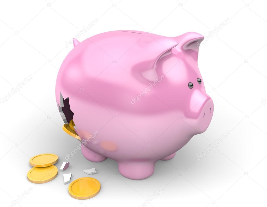 Poverty and financial debt concept of savings spilling from a broken piggy bank