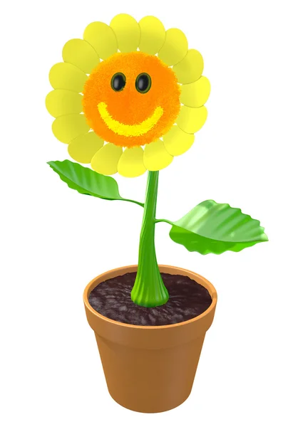 Happy 3D flower with a smiling face growing in a garden pot — Stock Photo, Image