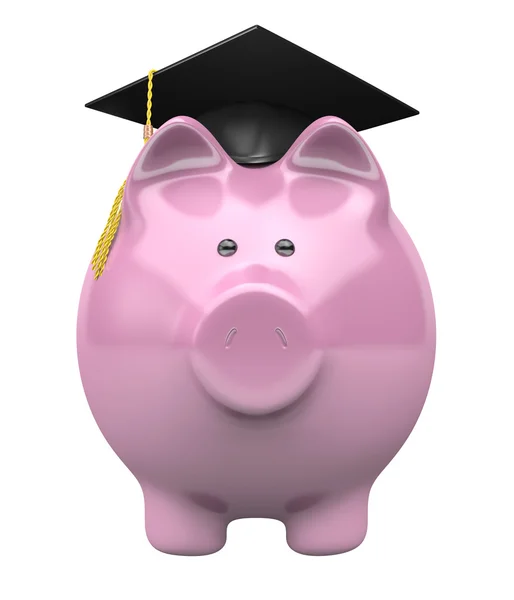 Piggy banco vestindo um boné de formatura, fundo de poupança para o ensino superior — Fotografia de Stock