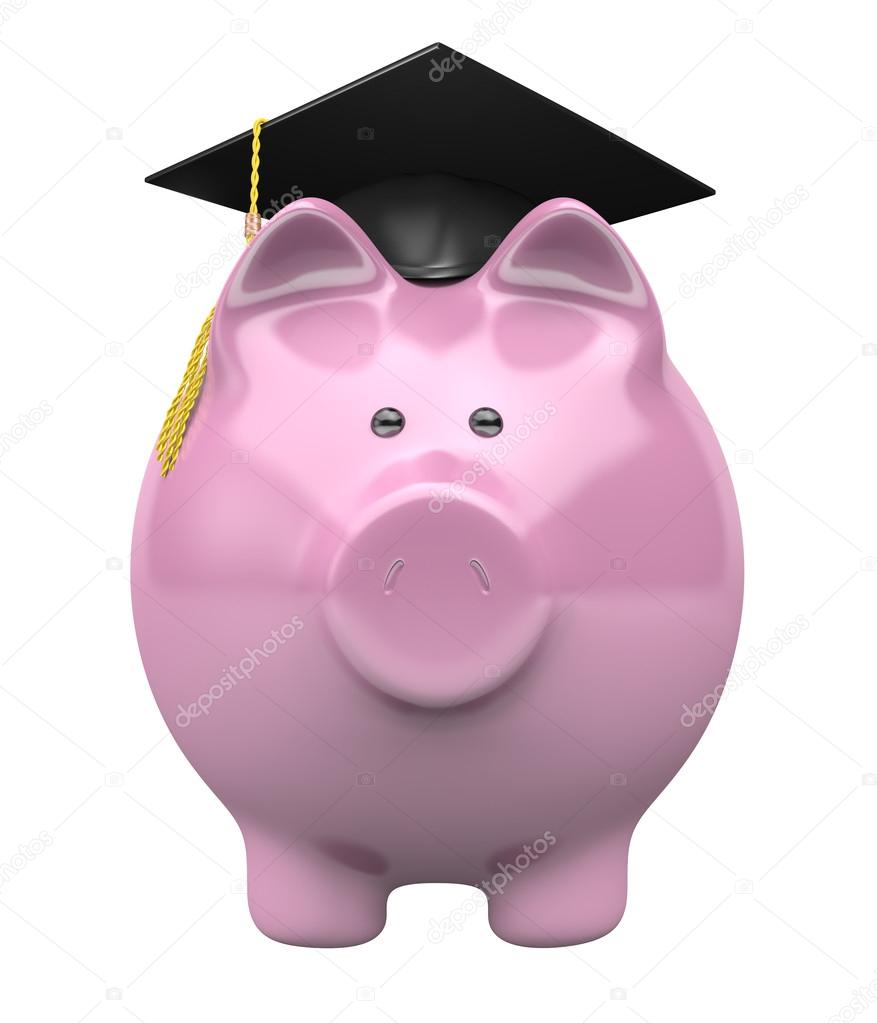 Piggy bank wearing a graduation cap, savings fund for college education