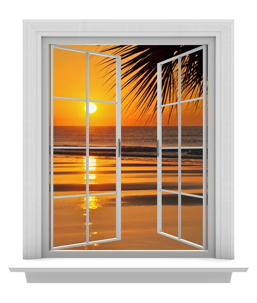 Ventana abierta con vista a la playa tropical y puesta de sol naranja —  Fotos de Stock