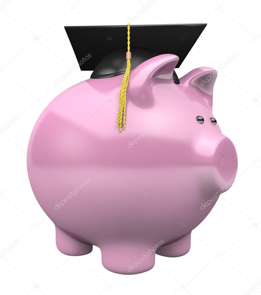 Piggy bank savings fund for college, wearing a graduation cap