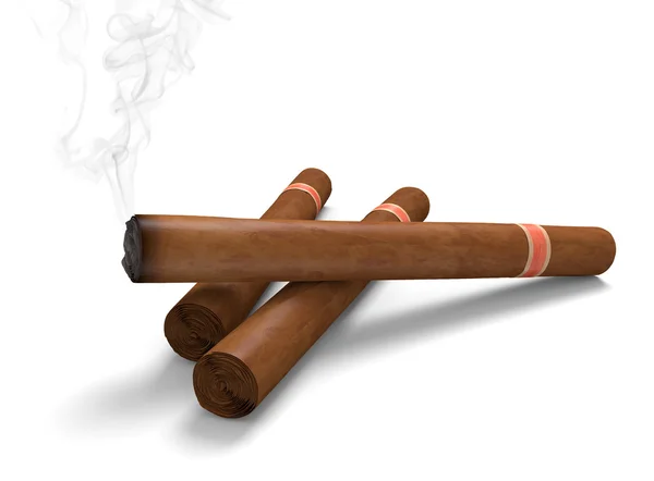 Cigars on a white background, with one emitting smoke — Stock Photo, Image