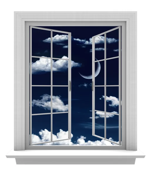 Open window with a beautiful crescent moon and clouds in a night sky — Stock Photo, Image