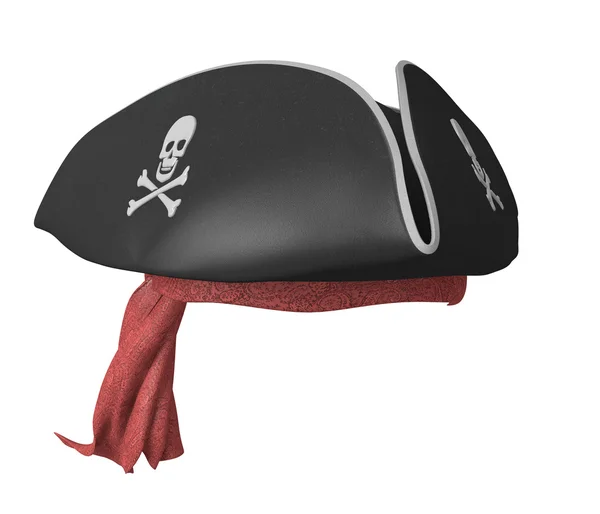 Chapéu de trimilho pirata com crânios e uma bandana vermelha — Fotografia de Stock