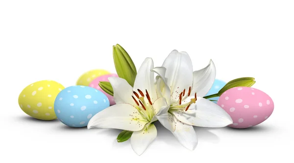 Easter lily flowers and pastel eggs painted with spots — Stock Photo, Image