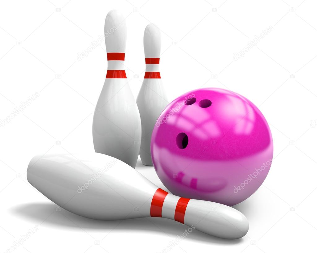 Pink bowling ball and three pins on a white background