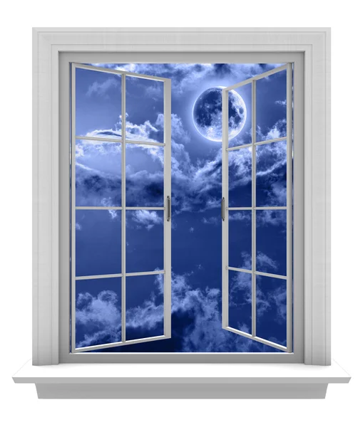 Isolated window frame on a white background, opening to a night sky and full moon — Stock Photo, Image