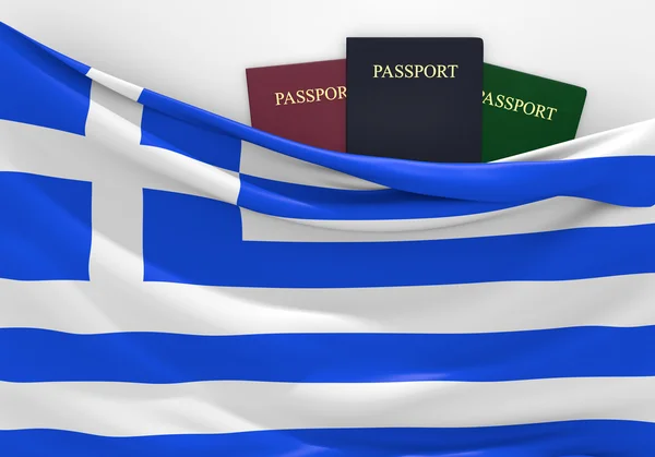 Travel and tourism in Greece, with assorted passports — Stock Photo, Image