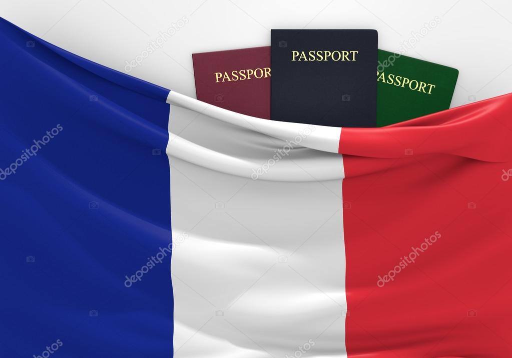 Travel and tourism in France, with assorted passports