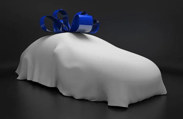 新豪华车下覆盖用蓝丝带白色的汽车的概念 — 图库照片