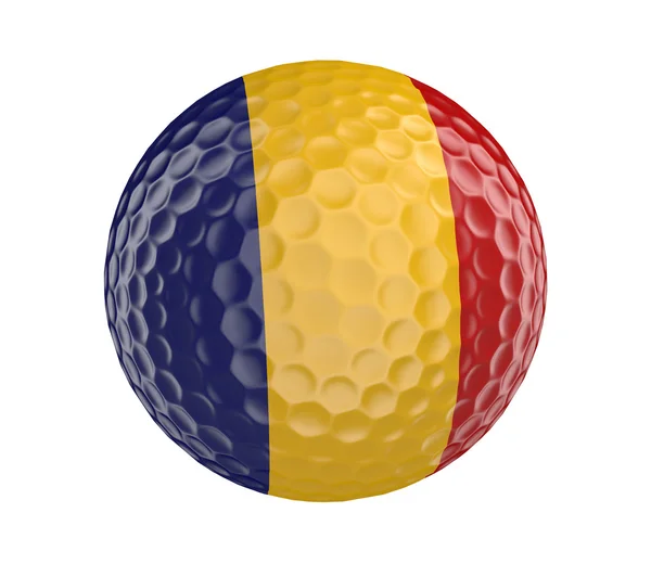 Golf piłka 3d render z flaga Rumunii, na białym tle — Zdjęcie stockowe