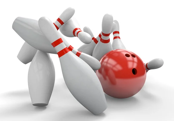 Red 3D bowling ball smashing into pins for a strike — Stock Photo, Image