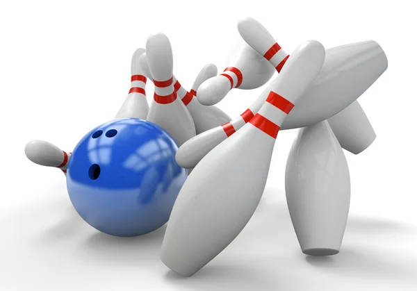 Blue 3D bowling ball smashing into pins for a strike — Stock Photo, Image