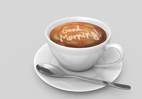 Coffee cup with a latte art good morning message — Stock Photo, Image