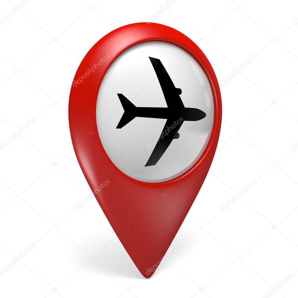 3D red map pointer icon with a plane symbol for airports