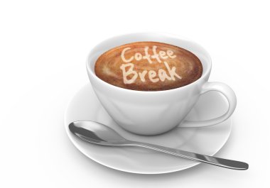 Bir uçan daire üzerinde beyaz kahve fincanı içinde el yazısı kahve arası mesaj