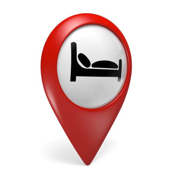 3D εικονίδιο δείκτη κόκκινο χάρτη με ένα σύμβολο κρεβάτι για ξενοδοχεία και ξενώνες — Φωτογραφία Αρχείου