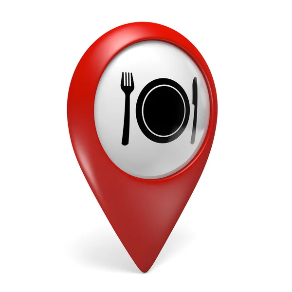 3D red map pointer icon with a food symbol for restaurants and diners — Stock Photo, Image